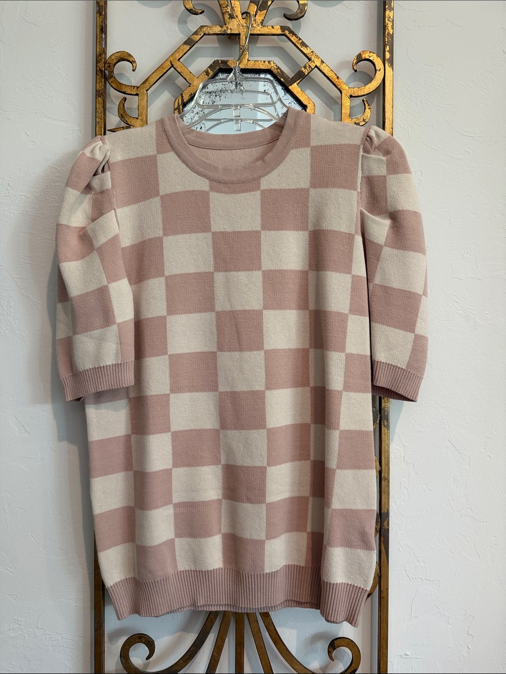 Checker Puff-Sleeve Crewneck Sweater - Blush & Cream